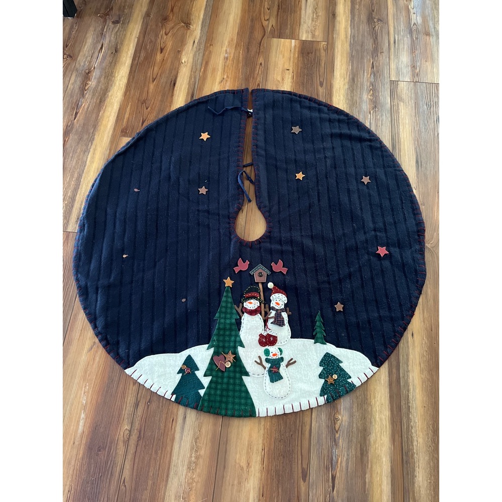 Prima Creations Snowman Christmas Tree Skirt Navy Blue Applique 41 Inch